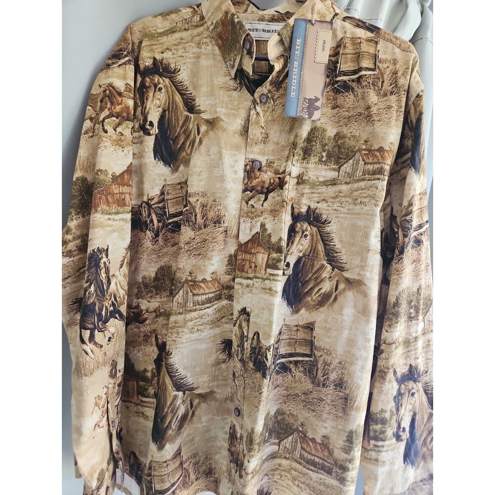 Bit And Bridle Horse Print Button Down Western Cotton Long Sleeve Shirt Sz LG